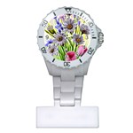 Expressive Watercolor Flowers Botanical Foliage Plastic Nurses Watch Front