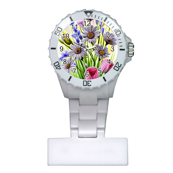 Expressive Watercolor Flowers Botanical Foliage Plastic Nurses Watch