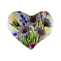 Expressive Watercolor Flowers Botanical Foliage Standard 16  Premium Flano Heart Shape Cushions by GardenOfOphir