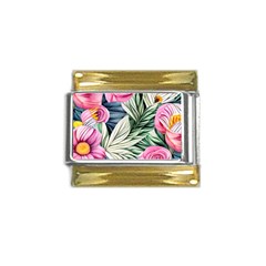 Delightful Watercolor Flowers And Foliage Gold Trim Italian Charm (9mm)