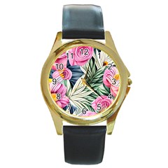 Delightful Watercolor Flowers And Foliage Round Gold Metal Watch by GardenOfOphir