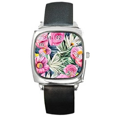 Delightful Watercolor Flowers And Foliage Square Metal Watch by GardenOfOphir