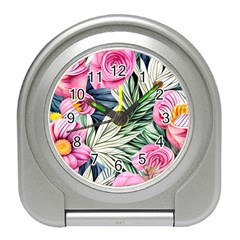 Delightful Watercolor Flowers And Foliage Travel Alarm Clock by GardenOfOphir