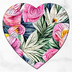 Delightful Watercolor Flowers And Foliage Jigsaw Puzzle (heart) by GardenOfOphir