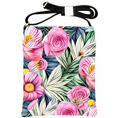 Delightful Watercolor Flowers And Foliage Shoulder Sling Bag by GardenOfOphir