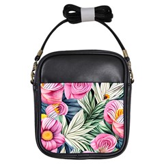 Delightful Watercolor Flowers And Foliage Girls Sling Bag by GardenOfOphir