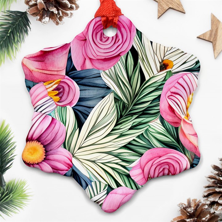 Delightful Watercolor Flowers And Foliage Snowflake Ornament (Two Sides)