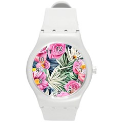 Delightful Watercolor Flowers And Foliage Round Plastic Sport Watch (m) by GardenOfOphir