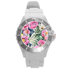 Delightful Watercolor Flowers And Foliage Round Plastic Sport Watch (l) by GardenOfOphir