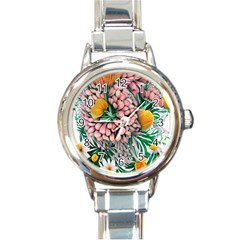 Coral Watercolor Flowers Botanical Foliage Round Italian Charm Watch by GardenOfOphir