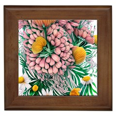 Coral Watercolor Flowers Botanical Foliage Framed Tile by GardenOfOphir