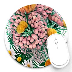 Coral Watercolor Flowers Botanical Foliage Round Mousepad by GardenOfOphir