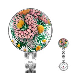 Coral Watercolor Flowers Botanical Foliage Stainless Steel Nurses Watch by GardenOfOphir