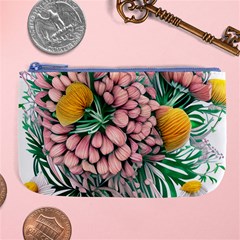 Coral Watercolor Flowers Botanical Foliage Large Coin Purse by GardenOfOphir