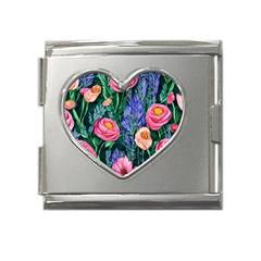 Cute Watercolor Flowers And Foliage Mega Link Heart Italian Charm (18mm)