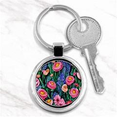 Cute Watercolor Flowers And Foliage Key Chain (round) by GardenOfOphir