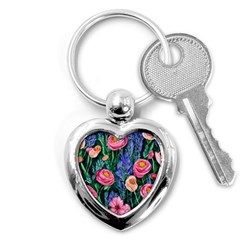 Cute Watercolor Flowers And Foliage Key Chain (heart) by GardenOfOphir