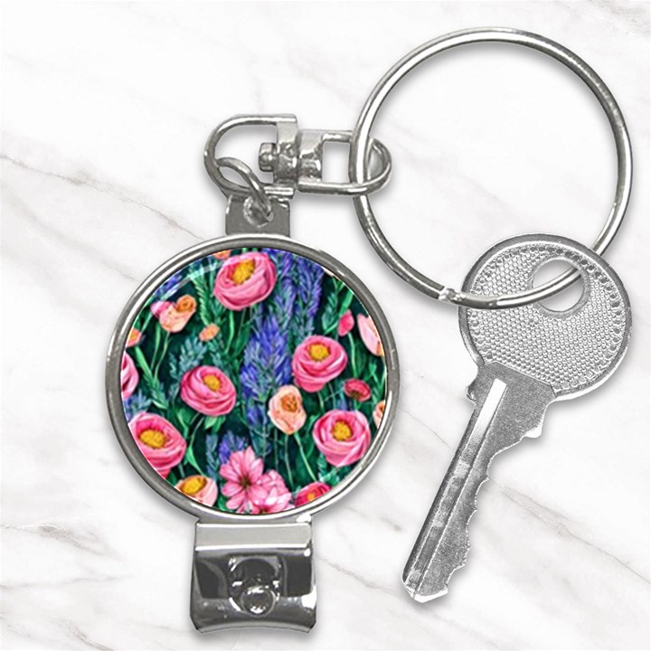 Cute Watercolor Flowers And Foliage Nail Clippers Key Chain