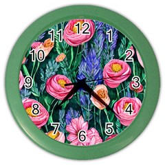 Cute Watercolor Flowers And Foliage Color Wall Clock by GardenOfOphir