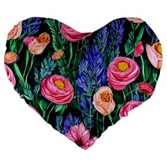 Cute Watercolor Flowers And Foliage Large 19  Premium Flano Heart Shape Cushions by GardenOfOphir