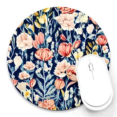 Exquisite Watercolor Flowers And Foliage Round Mousepad by GardenOfOphir