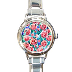 Brilliantly Hued Watercolor Flowers In A Botanical Round Italian Charm Watch by GardenOfOphir