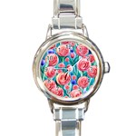 Brilliantly Hued Watercolor Flowers In A Botanical Round Italian Charm Watch Front