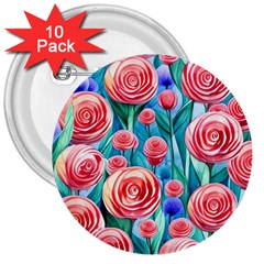 Brilliantly Hued Watercolor Flowers In A Botanical 3  Buttons (10 Pack)  by GardenOfOphir