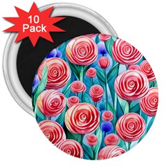 Brilliantly Hued Watercolor Flowers In A Botanical 3  Magnets (10 Pack)  by GardenOfOphir