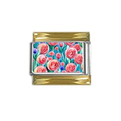 Brilliantly Hued Watercolor Flowers In A Botanical Gold Trim Italian Charm (9mm) by GardenOfOphir