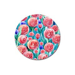 Brilliantly Hued Watercolor Flowers In A Botanical Magnet 3  (round) by GardenOfOphir