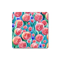 Brilliantly Hued Watercolor Flowers In A Botanical Square Magnet by GardenOfOphir