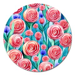 Brilliantly Hued Watercolor Flowers In A Botanical Magnet 5  (round) by GardenOfOphir