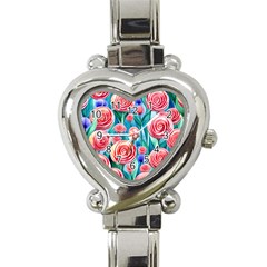 Brilliantly Hued Watercolor Flowers In A Botanical Heart Italian Charm Watch by GardenOfOphir