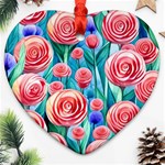 Brilliantly Hued Watercolor Flowers In A Botanical Heart Ornament (Two Sides) Front