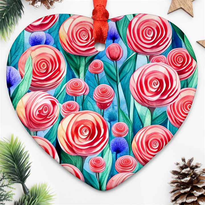 Brilliantly Hued Watercolor Flowers In A Botanical Heart Ornament (Two Sides)