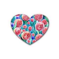 Brilliantly Hued Watercolor Flowers In A Botanical Rubber Coaster (heart) by GardenOfOphir