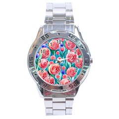 Brilliantly Hued Watercolor Flowers In A Botanical Stainless Steel Analogue Watch by GardenOfOphir