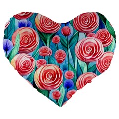 Brilliantly Hued Watercolor Flowers In A Botanical Large 19  Premium Heart Shape Cushions by GardenOfOphir