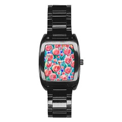 Brilliantly Hued Watercolor Flowers In A Botanical Stainless Steel Barrel Watch