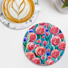 Brilliantly Hued Watercolor Flowers In A Botanical Uv Print Round Tile Coaster by GardenOfOphir