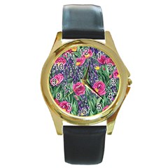 Dazzling Watercolor Flowers And Foliage Round Gold Metal Watch by GardenOfOphir