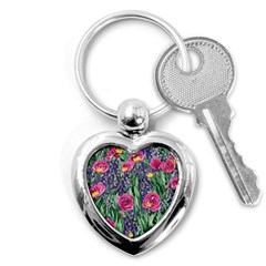 Dazzling Watercolor Flowers And Foliage Key Chain (heart) by GardenOfOphir