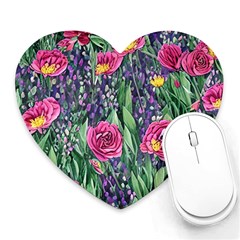 Dazzling Watercolor Flowers And Foliage Heart Mousepad by GardenOfOphir