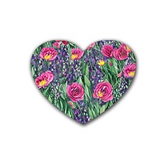 Dazzling Watercolor Flowers And Foliage Rubber Coaster (heart) by GardenOfOphir