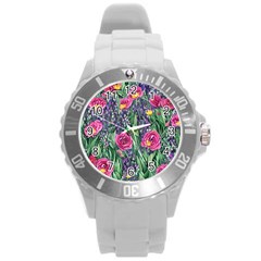 Dazzling Watercolor Flowers And Foliage Round Plastic Sport Watch (l) by GardenOfOphir