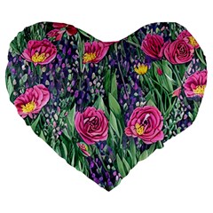 Dazzling Watercolor Flowers And Foliage Large 19  Premium Heart Shape Cushions by GardenOfOphir