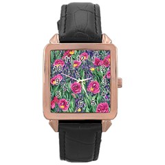 Dazzling Watercolor Flowers And Foliage Rose Gold Leather Watch  by GardenOfOphir