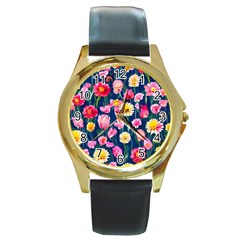 Botanical Flowers Pattern Round Gold Metal Watch by GardenOfOphir