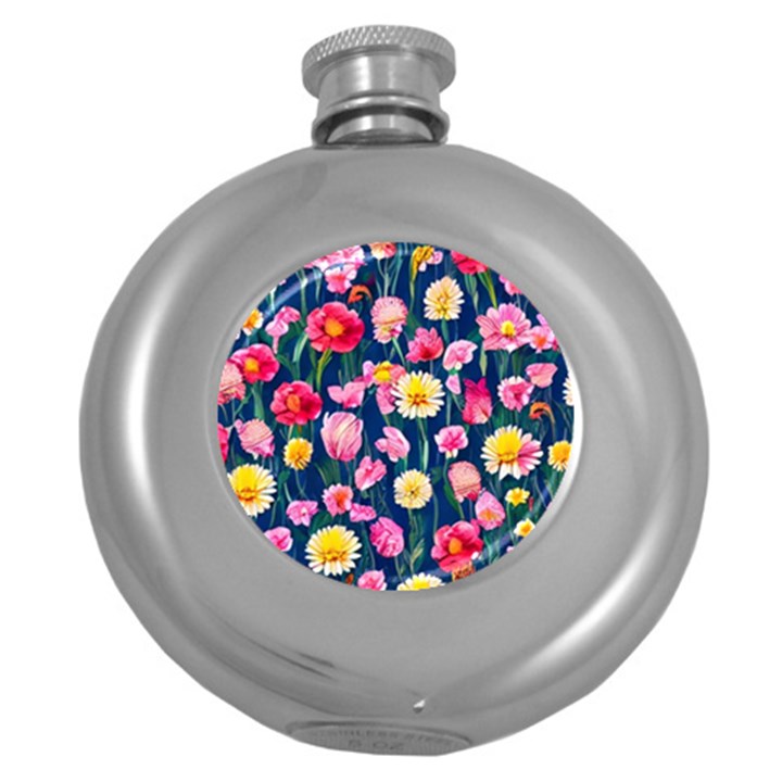 Botanical Flowers Pattern Round Hip Flask (5 oz)